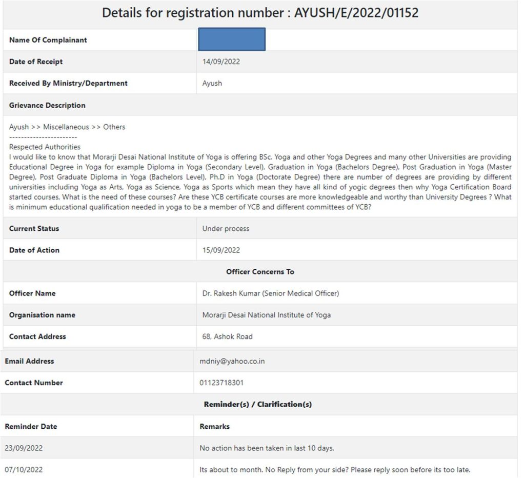 Complaint to Ayush Ministry